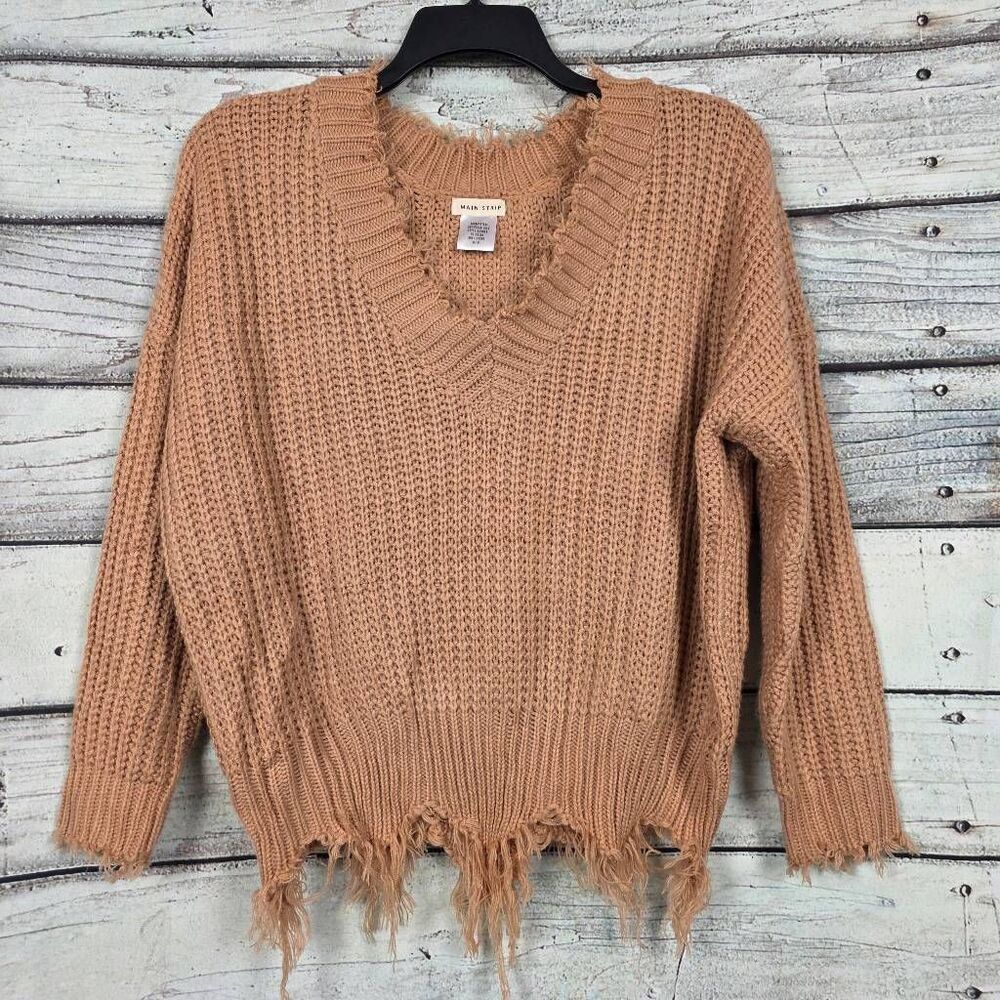Main Strip Distressed Hem Knit Sweater Tan Medium